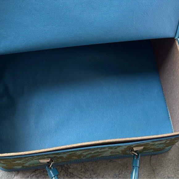 VINTAGE AVON Retro Sales Rep Blue Floral Green Tapestry Mini Suitcase 70s - Picture 7 of 10